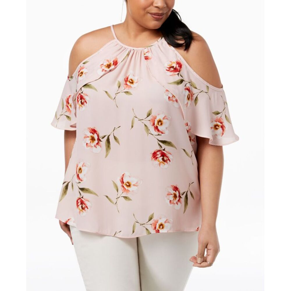 Soprano Trendy Plus Size Printed Cold Shoulder Ruffle Top